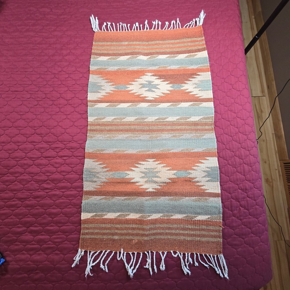 Aztec Southwest Mexican Blanket Rug Mat Vintage Brown 38" x 22" Knotted Weave